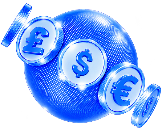 Blue globe surrounded by US Dollar, Euro and British Pound coins